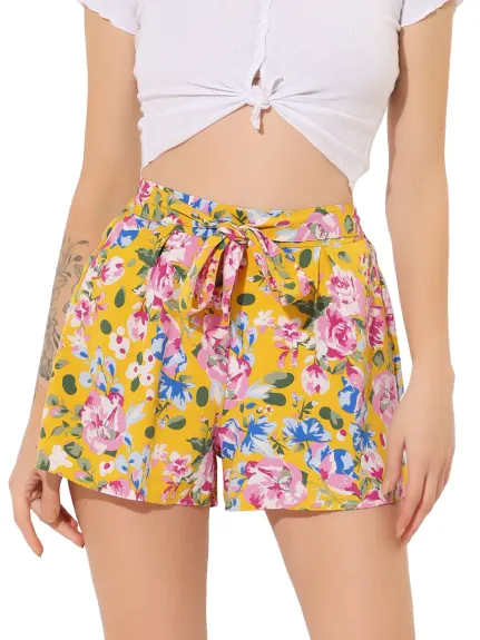 Allegra K - Printed Elastic Tie Waist Summer Beach Shorts