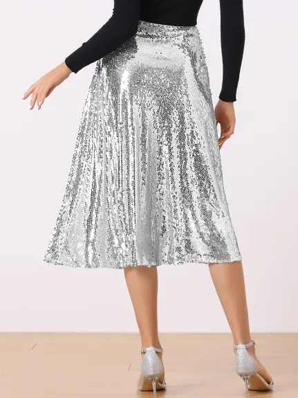 Allegra K- Sparkly Glitter Flare Midi Skirt