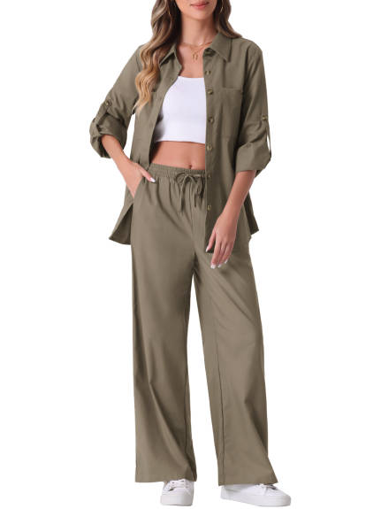 Allegra K - Button Down Shirt and Pants Linen Set