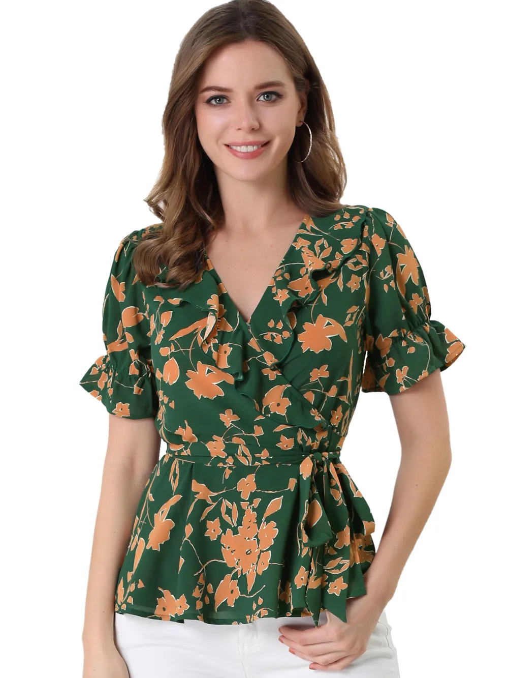 Allegra K- Floral Short Sleeve Ruffled Peplum Blouse