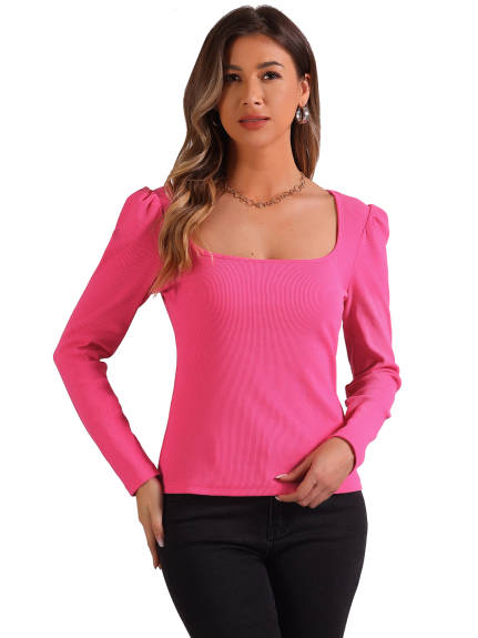 Allegra K - Square Neck Long Sleeve Ribbed Knit Top