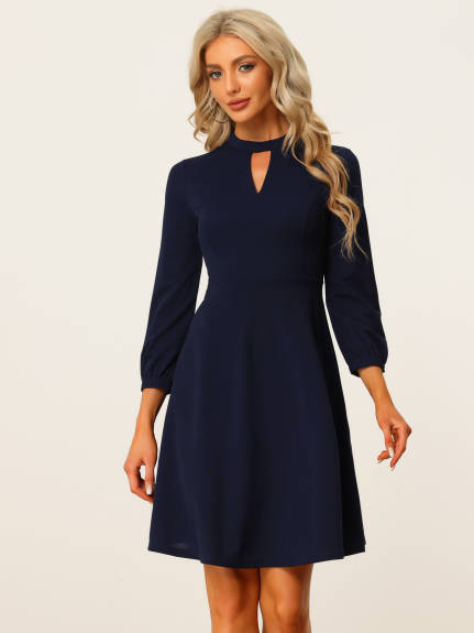 Allegra K- Keyhole 3/4 Sleeve Mock Neck A-line Cocktail Dress