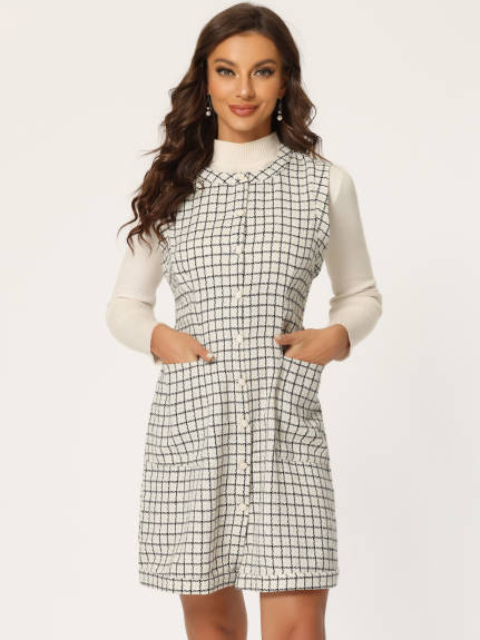 Allegra K - Button Down Pinafore Tweed Dress with Belt