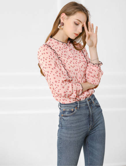 Allegra K- Dots Frill Trim Stand Collar Shirt