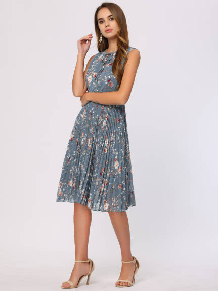 Allegra K- Floral Print Knee Length Sleeveless Pleated Dress