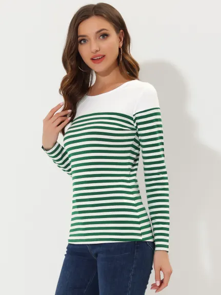 Allegra K- Striped T-Shirt Color Block Long Sleeve Round Neck