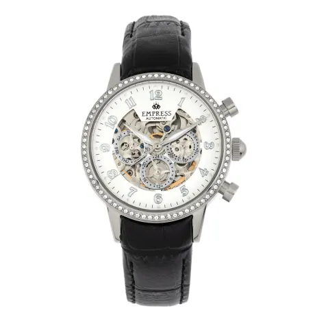 Empress - Montre automatique Beatrice avec cadran squelette et bracelet en cuir avec jour/date - Argent