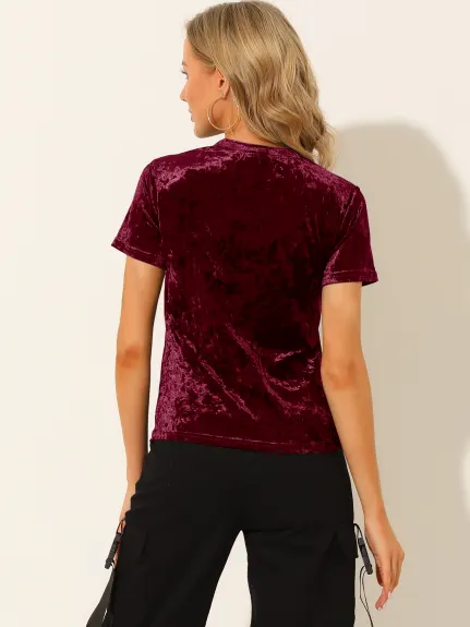 Allegra K- Velvet Top Crew Neck Short Sleeve T-Shirt