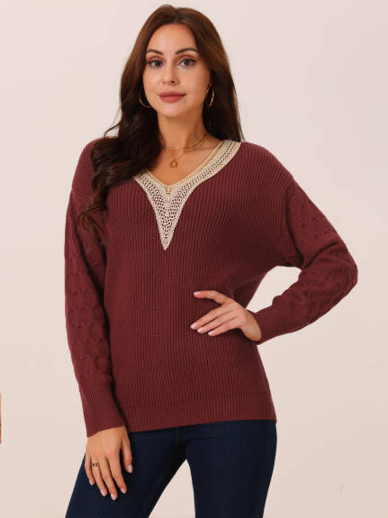 Allegra K - Lace V Neck Drop Shoulder Sweater