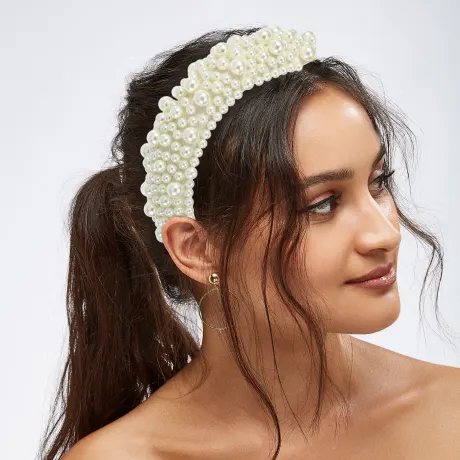 Unique Bargains - Faux Pearls Wide Padded Headband