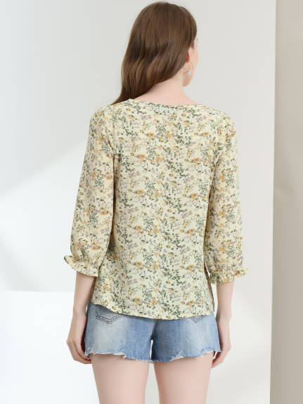 Allegra K- Tie V Neck Ruffled 3/4 Sleeve Floral Blouse