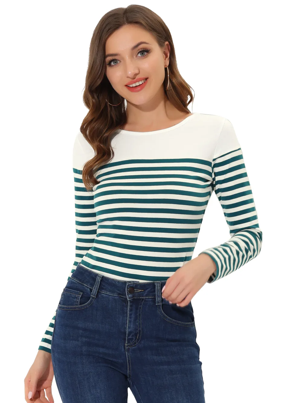 Allegra K- Striped T-Shirt Color Block Long Sleeve Round Neck