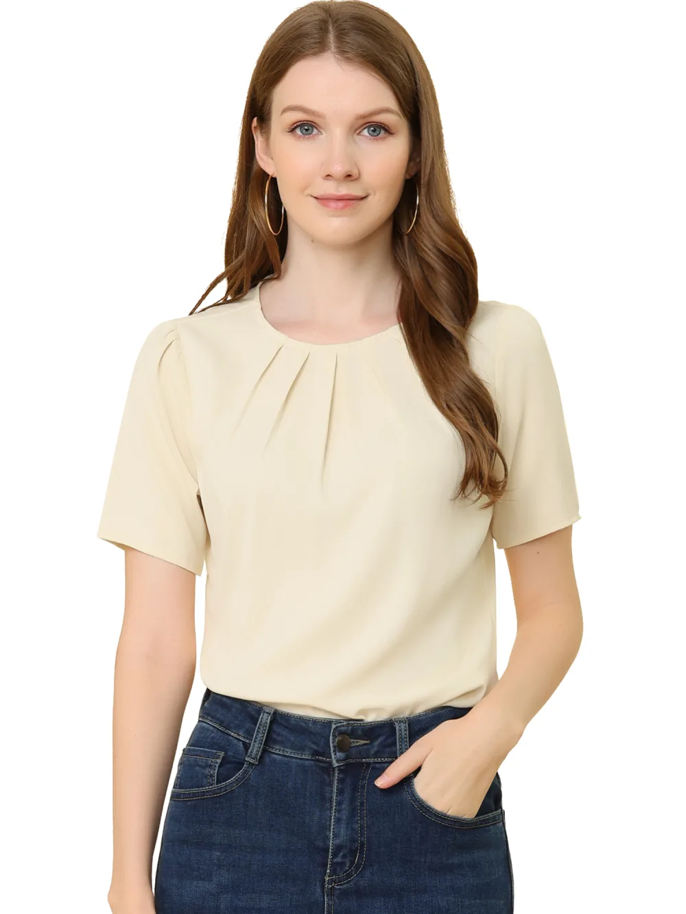 Allegra K- Short Sleeve Casual Pleated Scoop Neck Blouse