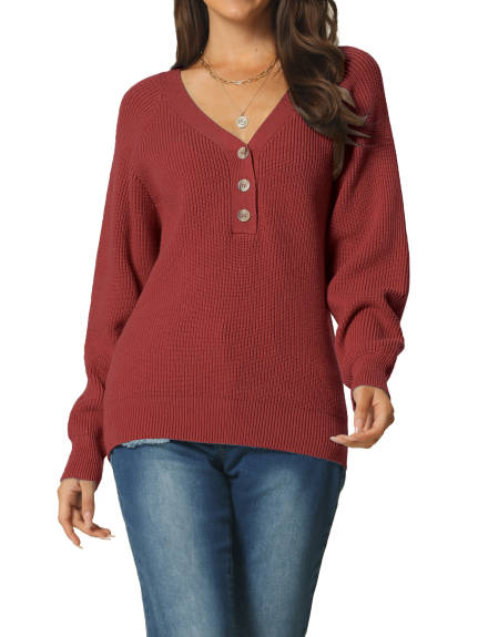 Allegra K- V Neck Button Down Ribbed Knit Pullover Top