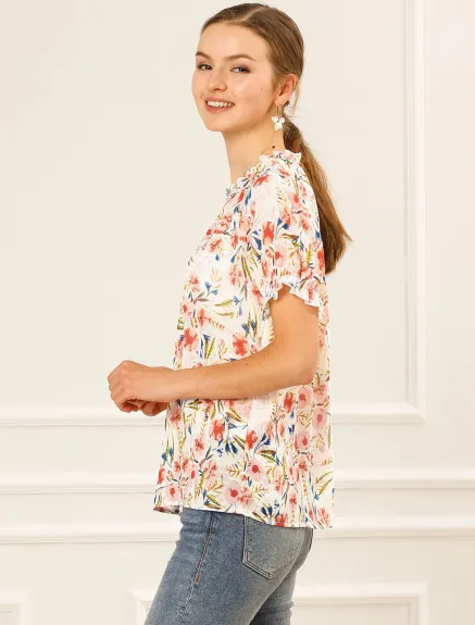 Allegra K- Floral Short Sleeve Ruffle Neck Blouse