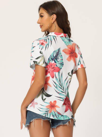 Allegra K- Beach Tropical Floral Leaves Button Down Shirts