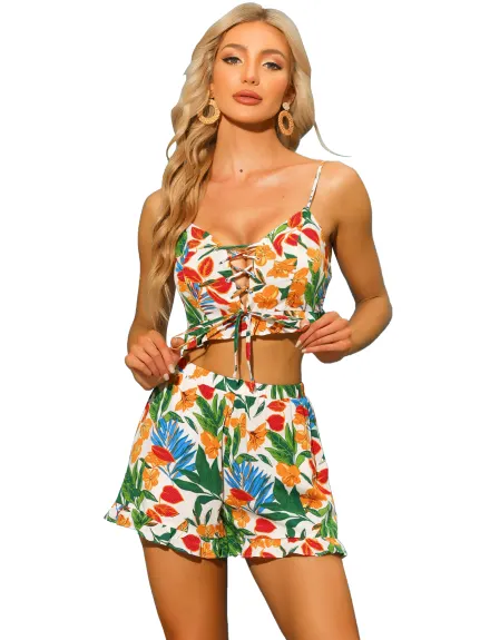 Allegra K- Boho Floral 2 pièces sans manches à lacets ensemble haut court et short