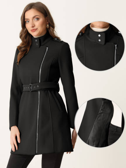 Allegra K - Stand Collar Zip Up Winter Trench Coat