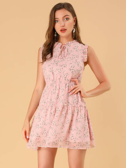 Allegra K- Floral Ruffle Sleeveless Tie Neck Chiffon Flowy Mini Dress