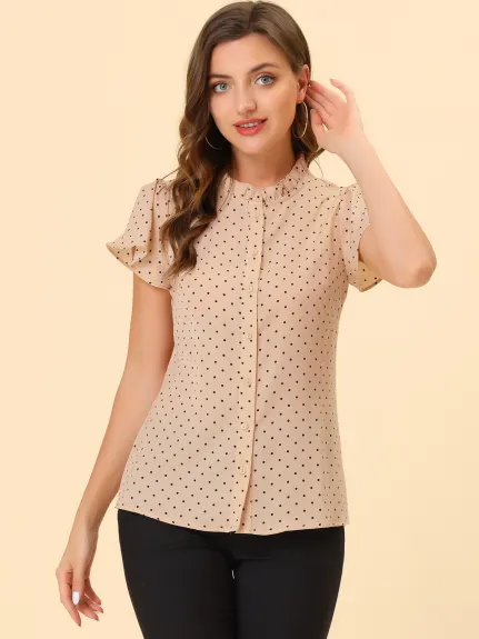 Allegra K- Ruffle Dots Retro Short Sleeve Button Down Blouse