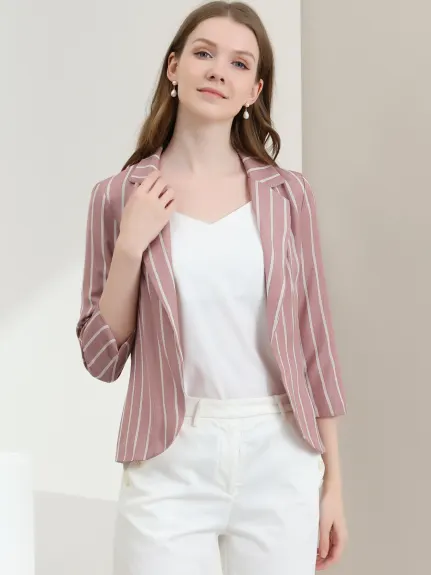 Allegra K- Casual Striped 3/4 Sleeves Open Front Notched Lapel Blazer