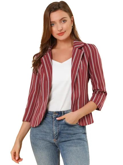 Allegra K- Casual Striped 3/4 Sleeves Open Front Notched Lapel Blazer