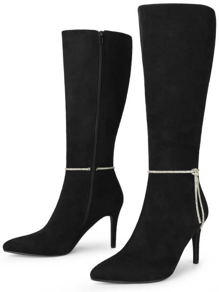 Allegra K - Rhinestone Stiletto Heels Knee High Boots