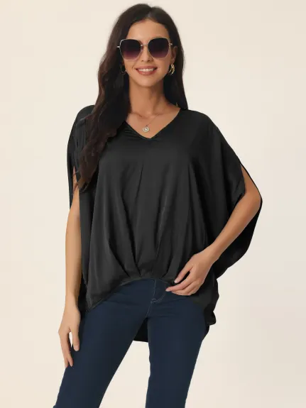 Allegra K- chemise en Satin V Batwing Blouse