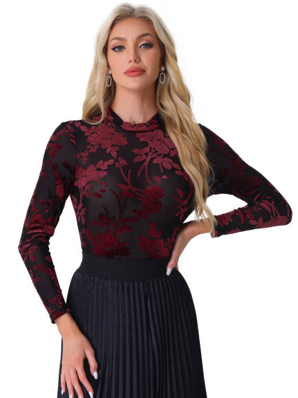 Allegra K - Mock Neck Velvet Floral Print Mesh Top