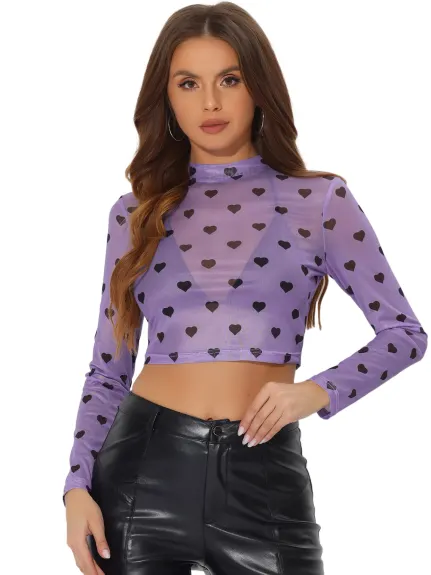 Allegra K- Semi-Sheer Blouse Heart Print Crop Mesh Top