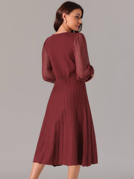 Allegra K - Mesh Puff Sleeve Ribbed Knit Dress