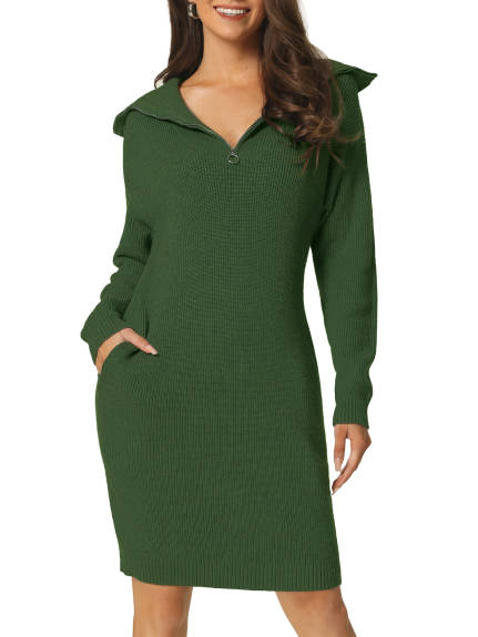 Allegra K- Zipper V Neck Slim Fit Midi Sweater Dress