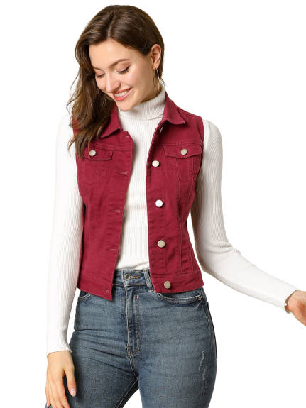 Allegra K- Washed Denim Buttoned Vest with Flap Pockets