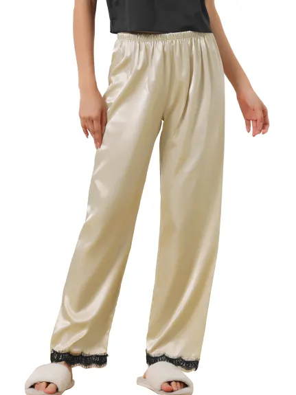 cheibear - Satin Wide-leg Lace Trim Sleep Pants