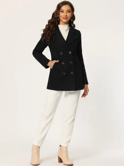 Allegra K- Notched Lapel Double-Breasted Overcoat