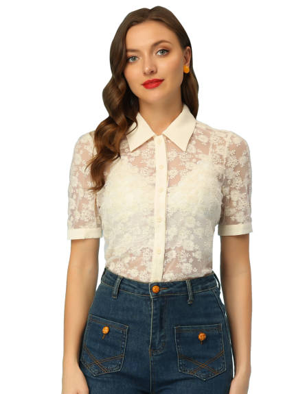 Allegra K- Floral Lace Semi Sheer Button Down Blouse