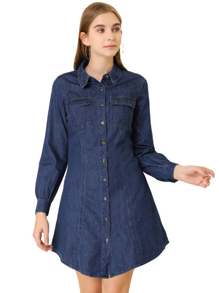 Allegra K- Long Sleeve Curved Hem Denim Shirt dress