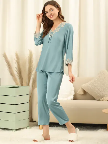 Allegra K - Lace Trim Solid Pajama Sets