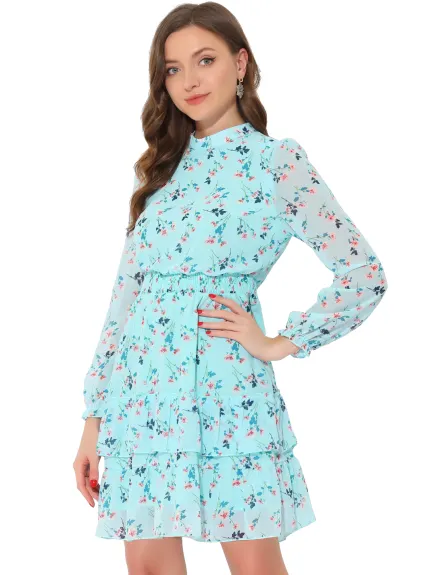 Allegra K- Floral Smocked Waist Sheer Sleeve Ruffle Layers Chiffon Dress