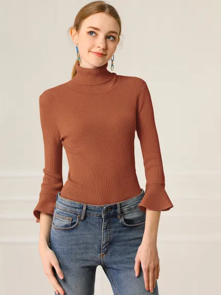 Allegra K- Turtle Neck 3/4 Ruffle Sleeves Pullover Slim Rib Knit Sweater