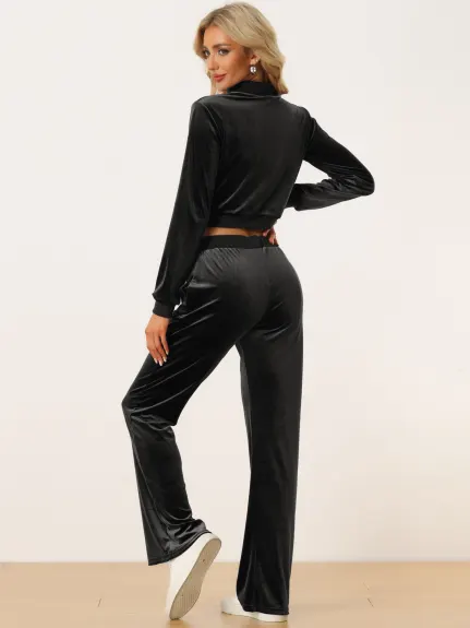 Allegra K - Velvet Crop Jacket Sweatpants Tracksuit