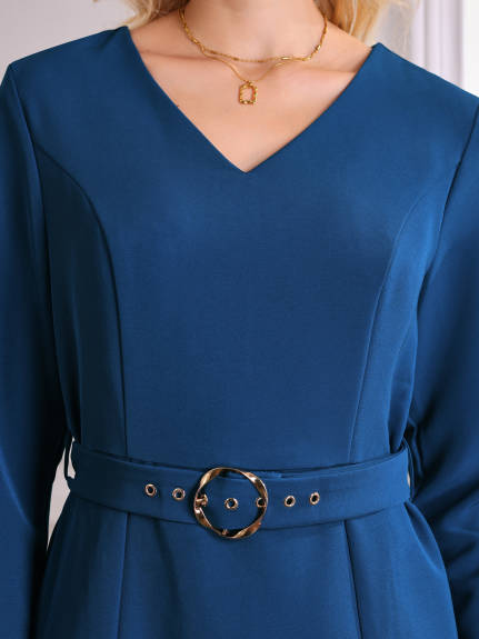 Hobemty - Elegant Long Sleeve Belted Work Dress