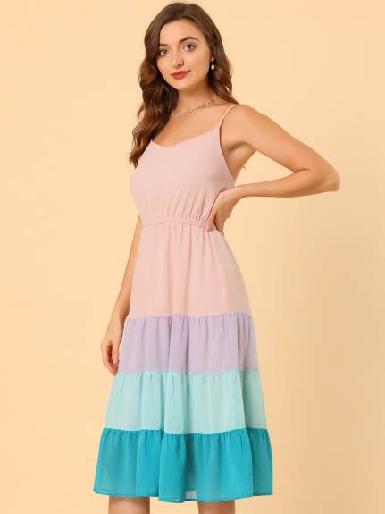 Allegra K- Spaghetti Strap V Neck Swing Chiffon Midi Dress