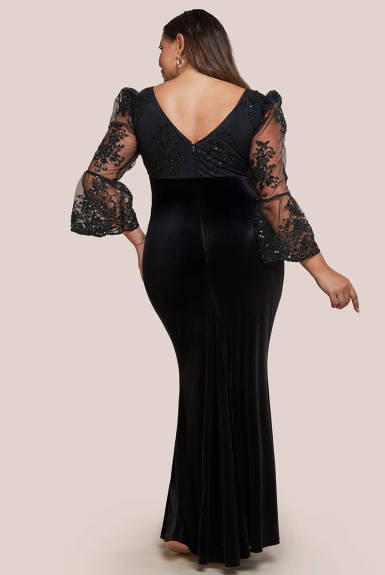 Goddiva - Scalloped Lace & Velvet Maxi Dress - Plus Size