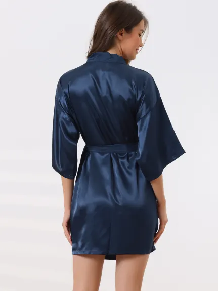 cheibear - 3/4 Sleeves Tie Waist Satin  Night Robe