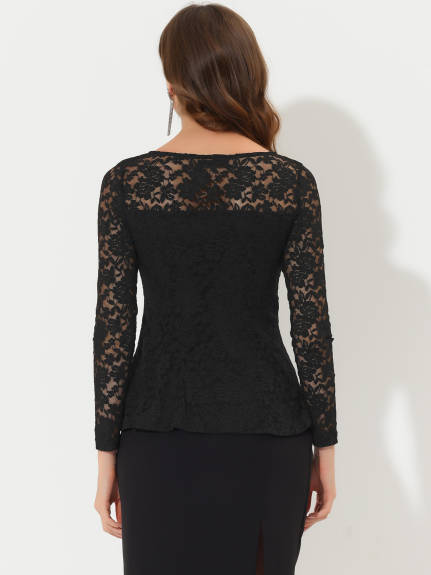 Allegra K - Long Sleeve Lace Sheer Peplum Top