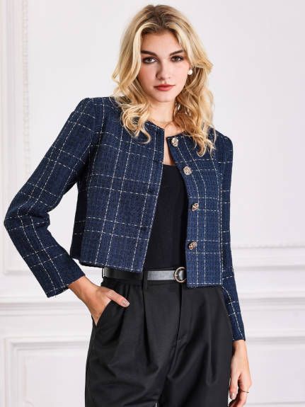 Hobemty - Collarless Button Crop Plaid Blazer