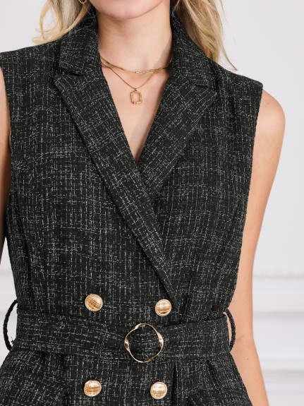 Hobemty - All Season Collared Belted  Tweed Dress