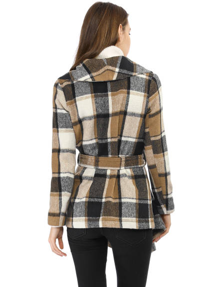 Allegra K- Turn Down Collar Asymmetric Hem Plaids Coat