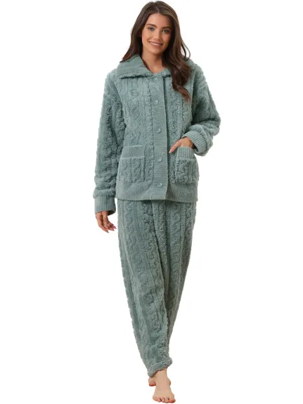 cheibear - Fluffy Fleece Button Down Winter Pajama Set